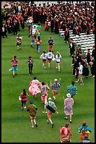 Band members run at the end of commencement ceremony. Stanford University, California, USA (color)