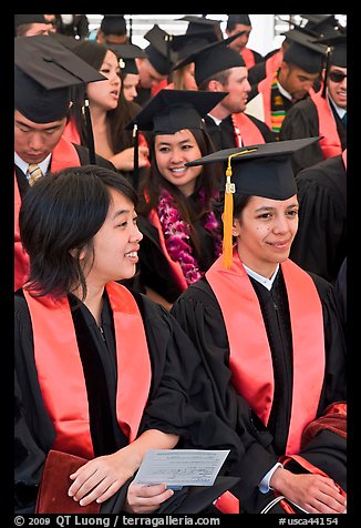 Students in academical dress sitting during graduation ceremony. Stanford University, California, USA