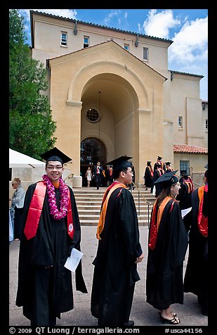 Students in academicals lined up in front of Memorial auditorium. Stanford University, California, USA