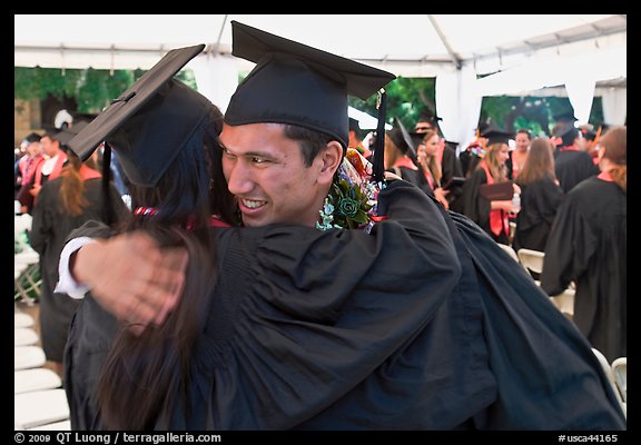 Just graduated students hugging each other. Stanford University, California, USA