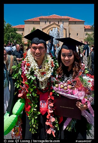 Graduates wearing flower garlands. Stanford University, California, USA