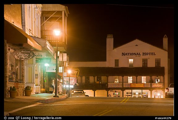 Main street and National Hotel by night, Jackson. California, USA (color)