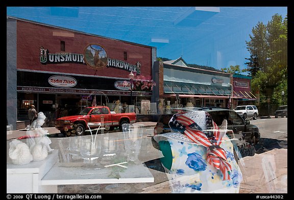 Reflections in store window, Dunsmuir. California, USA