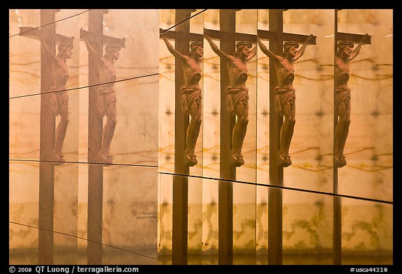 Multiple reflections of Christ, mausoleum, Christ the Light Cathedral. Oakland, California, USA (color)