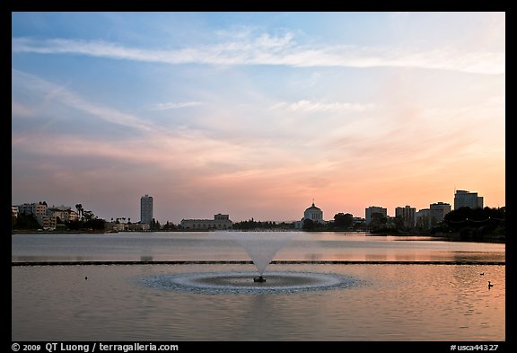 Lake Meritt, aeration fountain at sunset. Oakland, California, USA