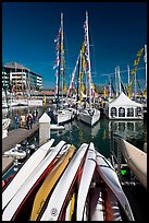 Kayaks and yachts, Jack London Square. Oakland, California, USA