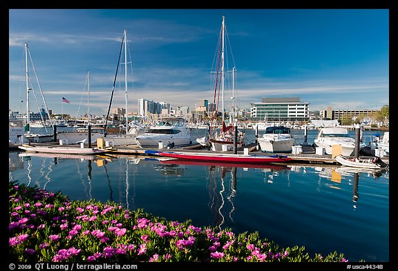 Alameda marina and Oakland skyline. Oakland, California, USA