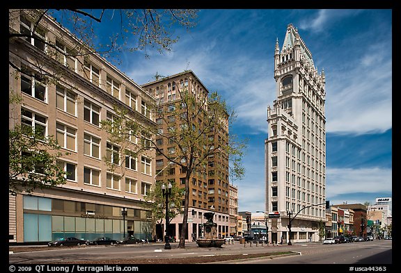 Broadway street and Cathedral Building. Oakland, California, USA (color)