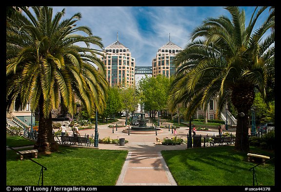 Preservation Park square with Federal building behind. Oakland, California, USA (color)