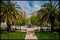 Preservation Park square with Federal building behind. Oakland, California, USA