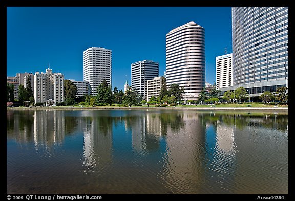 High rise buildings on Lake Merritt shores. Oakland, California, USA