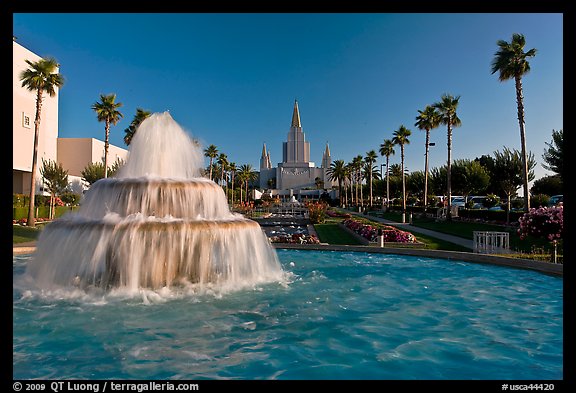 Fountain and Oakland mormon (LDS) temple. Oakland, California, USA (color)