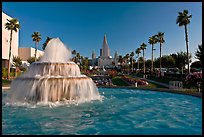 Fountain and Oakland mormon (LDS) temple. Oakland, California, USA (color)