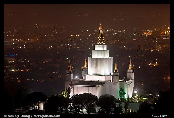 Church of Jesus Christ of LDS by night. Oakland, California, USA