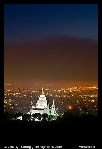 Oakland california temple and SF Bay by night. Oakland, California, USA