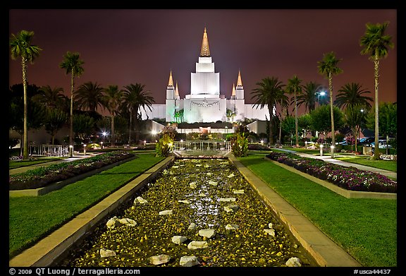 Oakland Mormon temple and grounds by night. Oakland, California, USA (color)