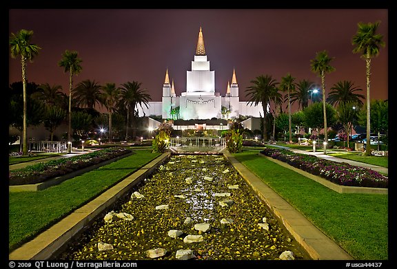 Oakland Mormon temple and grounds by night. Oakland, California, USA