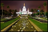 Oakland Mormon temple and grounds by night. Oakland, California, USA (color)