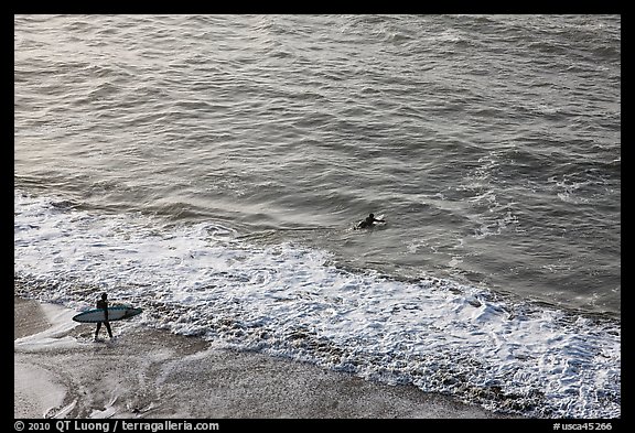 Surfers departing the beach towards the break. Half Moon Bay, California, USA