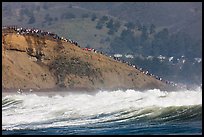 Bluff with spectators as seen from the ocean. Half Moon Bay, California, USA