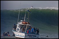 Judging boat with huge wave and surfer at crest. Half Moon Bay, California, USA