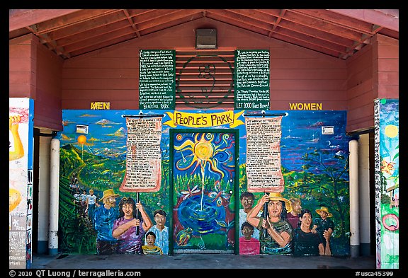 Bathroom with mural at Peoples Park name. Berkeley, California, USA