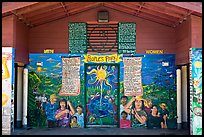 Bathroom with mural at Peoples Park name. Berkeley, California, USA