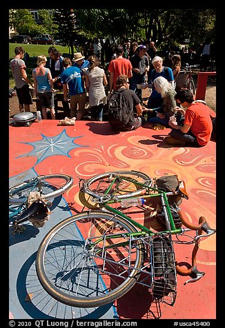 Bicycles and food line, Peoples Park. Berkeley, California, USA