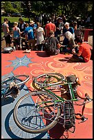 Bicycles and food line, Peoples Park. Berkeley, California, USA