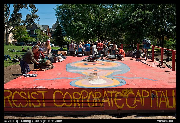 People gathered behind podium, Peoples Park. Berkeley, California, USA