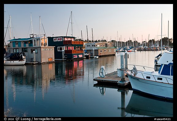 Houseboats in Berkeley Marina, sunset. Berkeley, California, USA
