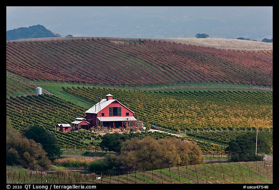 Red barn and wine country landscape from above. Napa Valley, California, USA