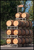 Barels of wine stacked outside, Artesa Winery. Napa Valley, California, USA (color)