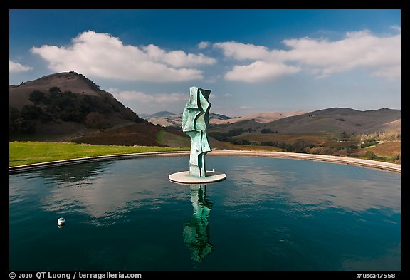 Pool, sculpture, and hills, Artesa Winery. Napa Valley, California, USA (color)