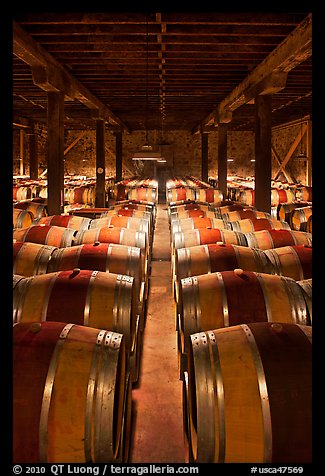 Wine aging in wooden barrels. Napa Valley, California, USA