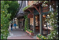 Sidewalk and stores on Ocean Avenue. Carmel-by-the-Sea, California, USA (color)