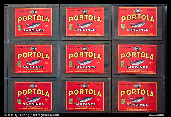 Boxes of canned sardines, Monterey Bay Aquarium. Monterey, California, USA (color)