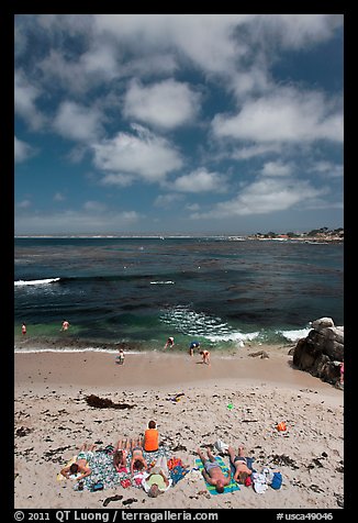 People sunning themselves on beach. Pacific Grove, California, USA (color)