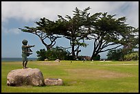 Sculpture, lawn, and cypress, Lovers Point Park. Pacific Grove, California, USA