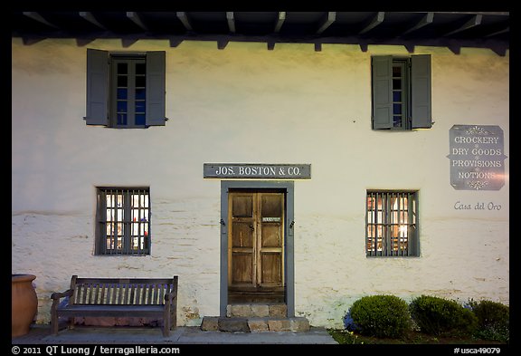 Casa del Oro facade at night. Monterey, California, USA