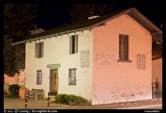 Casa del Oro store house at night. Monterey, California, USA