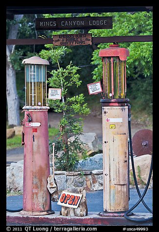 America oldest double gravity gas pumps, Kings Canyon Lodge. Giant Sequoia National Monument, Sequoia National Forest, California, USA (color)