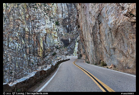 Road through vertical canyon walls. Giant Sequoia National Monument, Sequoia National Forest, California, USA