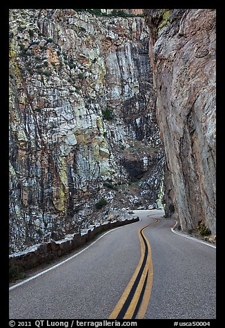 Roadway meandering through vertical gorge, Giant Sequoia National Monument near Kings Canyon National Park. California, USA