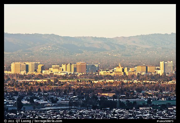 City skyline and Santa Cruz Mountains, early morning. San Jose, California, USA