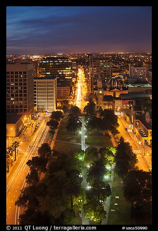 Cesar Chavez park from above at night. San Jose, California, USA (color)