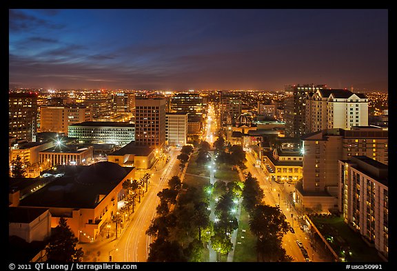 Downtown San Jose from above at night. San Jose, California, USA