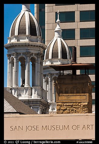 San Jose Museum of Art and St Joseph Cathedral towers. San Jose, California, USA