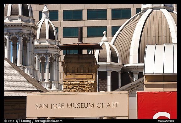 San Jose Museum of Art and St Joseph Basilica roof. San Jose, California, USA