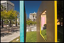 Downtown San Jose seen through colorful modern sculpture. San Jose, California, USA